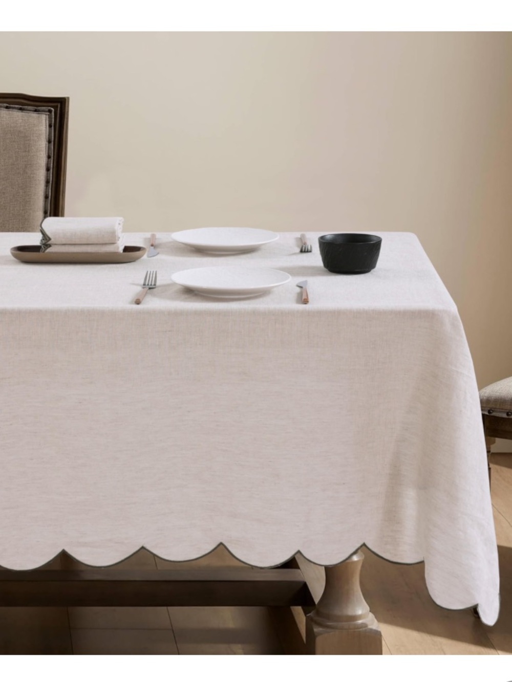 French Flax Linen Tablecloth Scalloped Green Trim Rectangular 60x120”